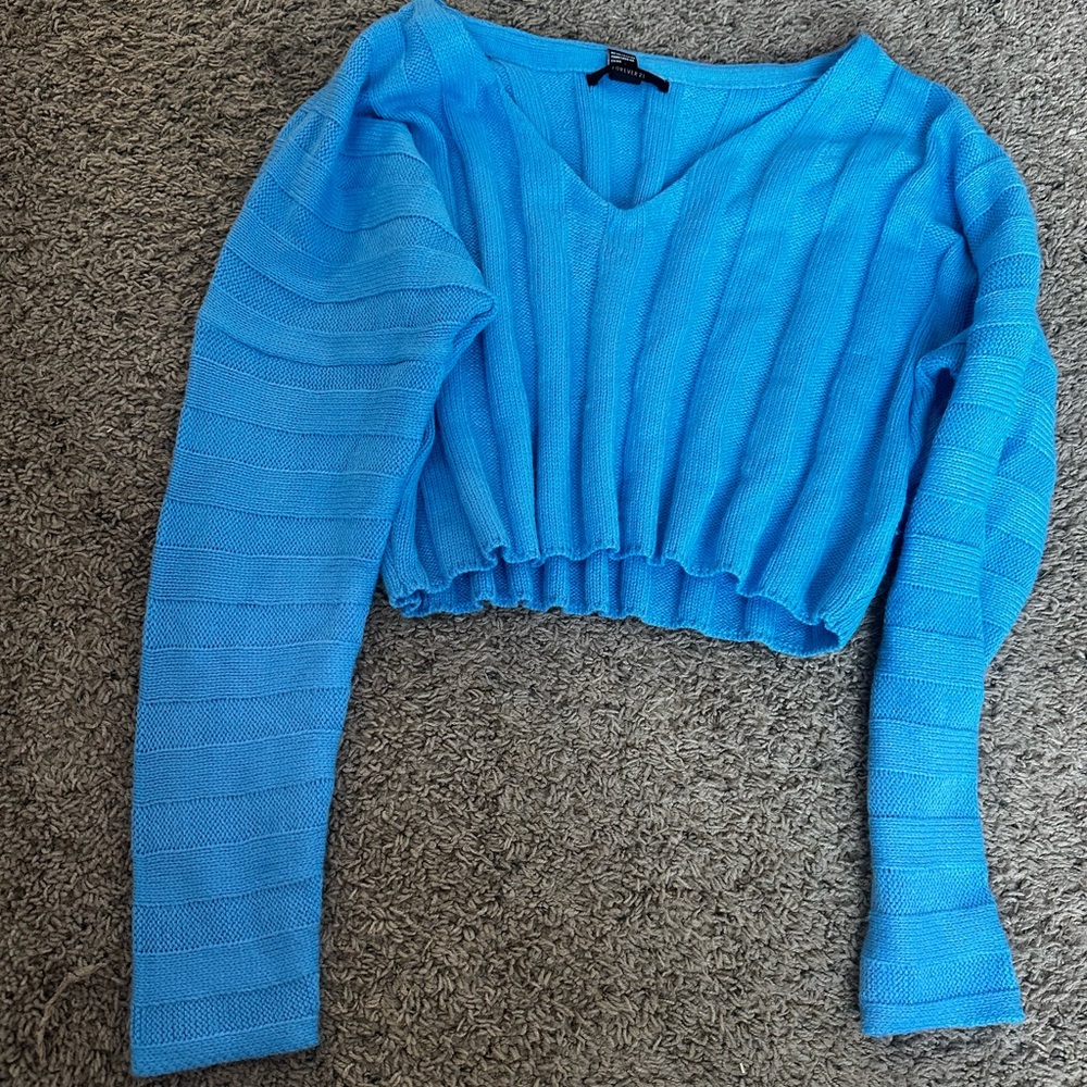 Blue V-Neck Cropped Sweater